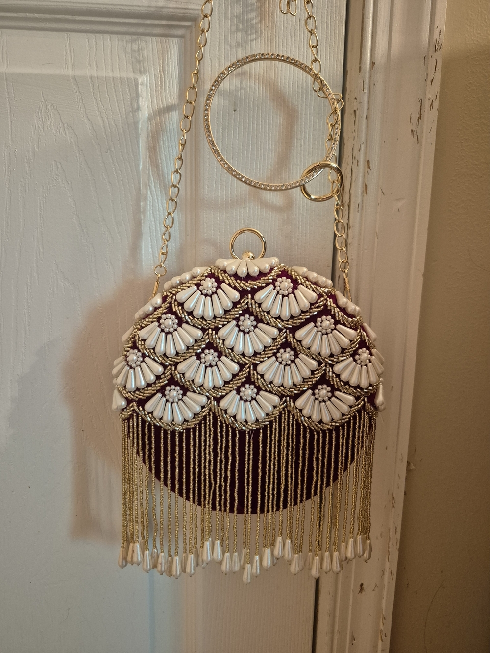 Beaded Maroon Evening Crossbody Bag with Gold Fringe